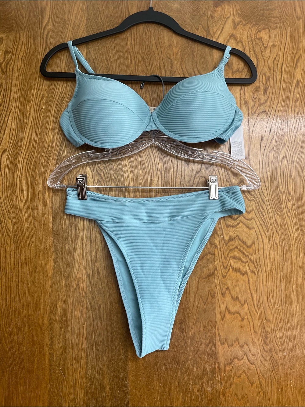 Medium Swimsuit set Light Blue Ribbed Bikini cheeky bralette high waist